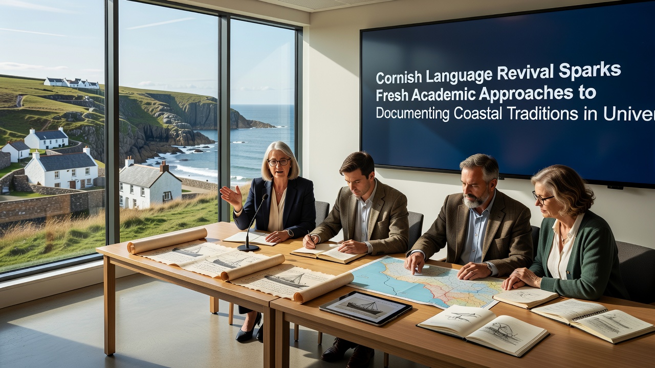 University researchers reviewing Cornish language manuscripts alongside coastal maps and artefacts